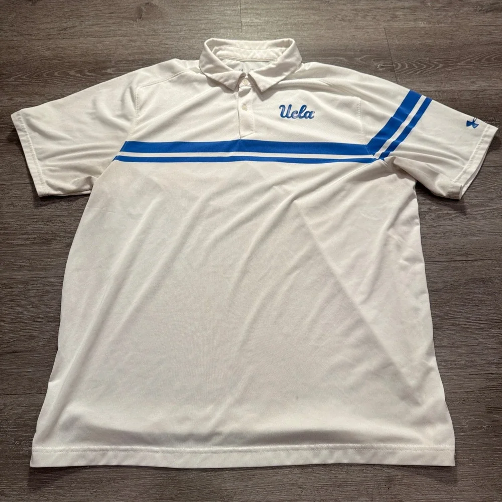Under Armour Polo Shirt Mens 2XL White Striped Polyester UCLA HeatGear Golf Top